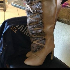 Tan knee high stiletto boots with faux fur size 9